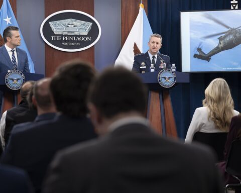 Defense Secretary Pete Hegseth and CJCS General Dan Caine at the Operation Epic Fury press briefing at the Pentagon, April 8, 2026