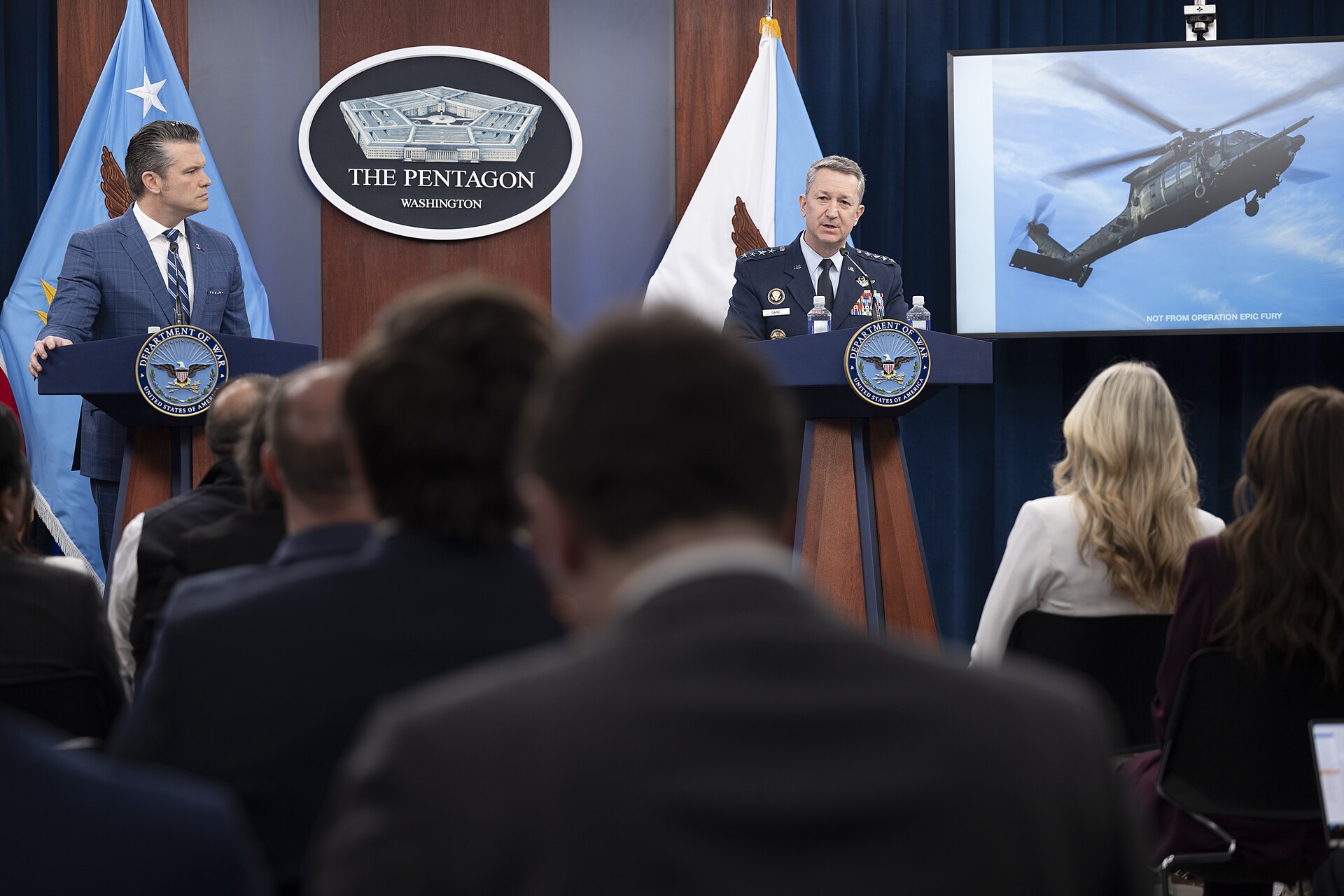 Defense Secretary Pete Hegseth and CJCS General Dan Caine at the Operation Epic Fury press briefing at the Pentagon, April 8, 2026