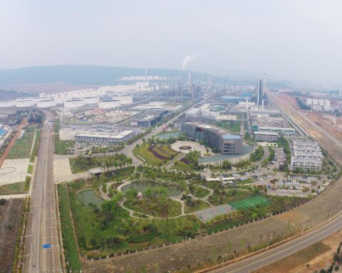 Aerial view of a large Chinese petrochemical and refinery complex — industrial scale comparable to Hengli Petrochemical's Dalian Changxing Island facility, designated by OFAC under Treasury SB0472 for processing Iranian crude oil routed through Sepehr Energy