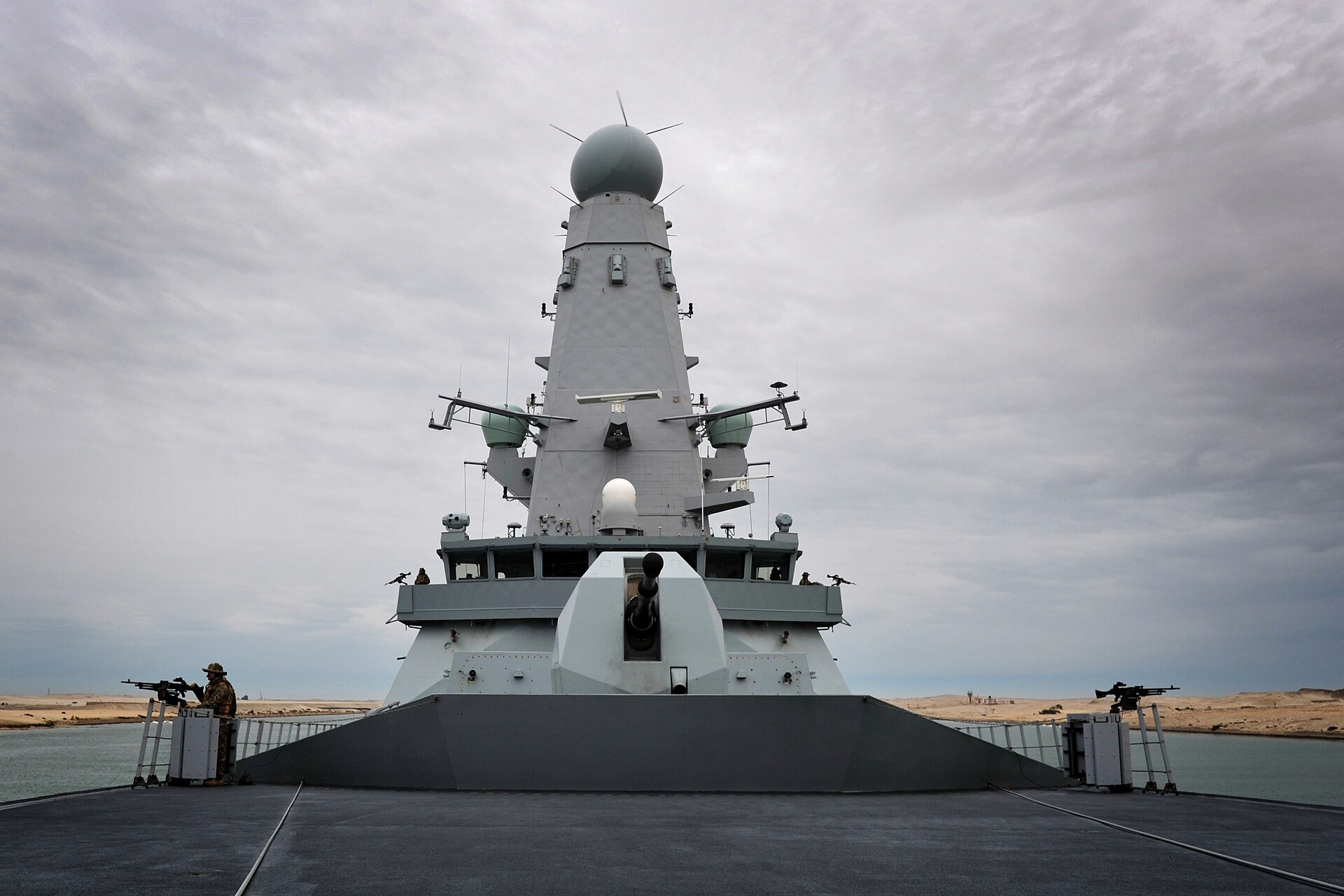 HMS Daring Royal Navy Type 45 destroyer passing through Suez Canal on first deployment to Gulf area of operations