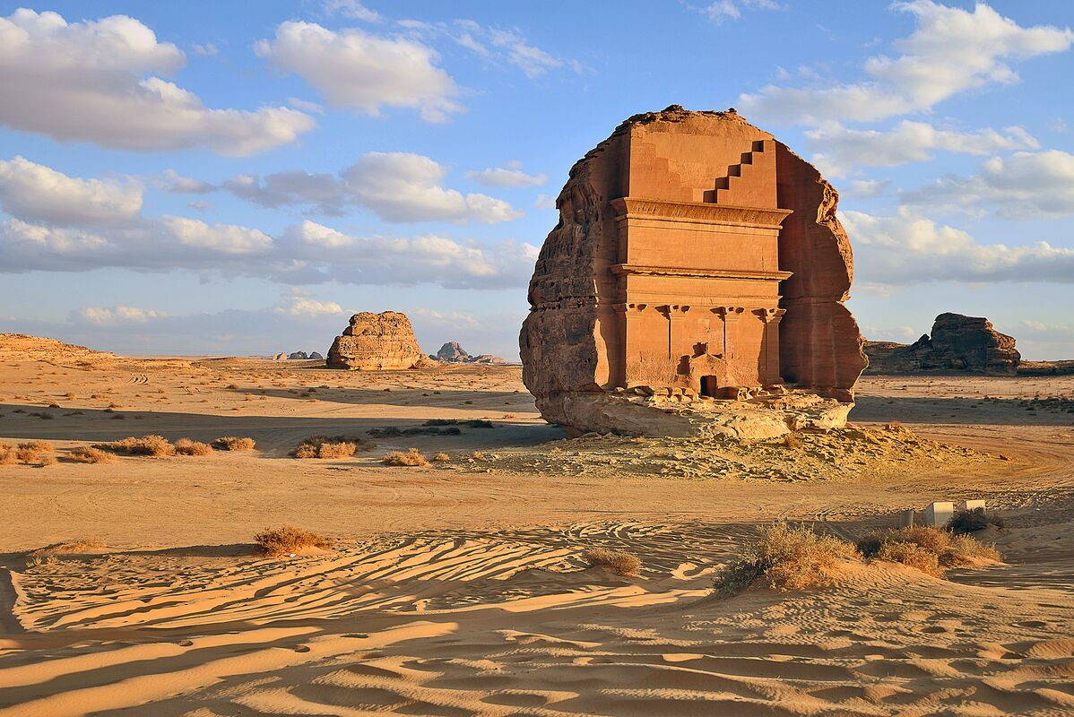 Qasr al-Farid, the iconic lonely castle tomb carved into sandstone at Hegra archaeological site near AlUla, Saudi Arabia