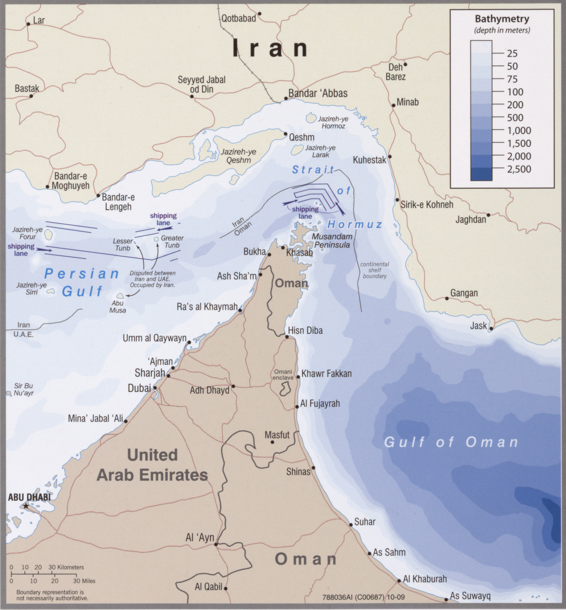 CIA map of the Strait of Hormuz showing shipping lanes between Iran, UAE, and Oman with bathymetry data