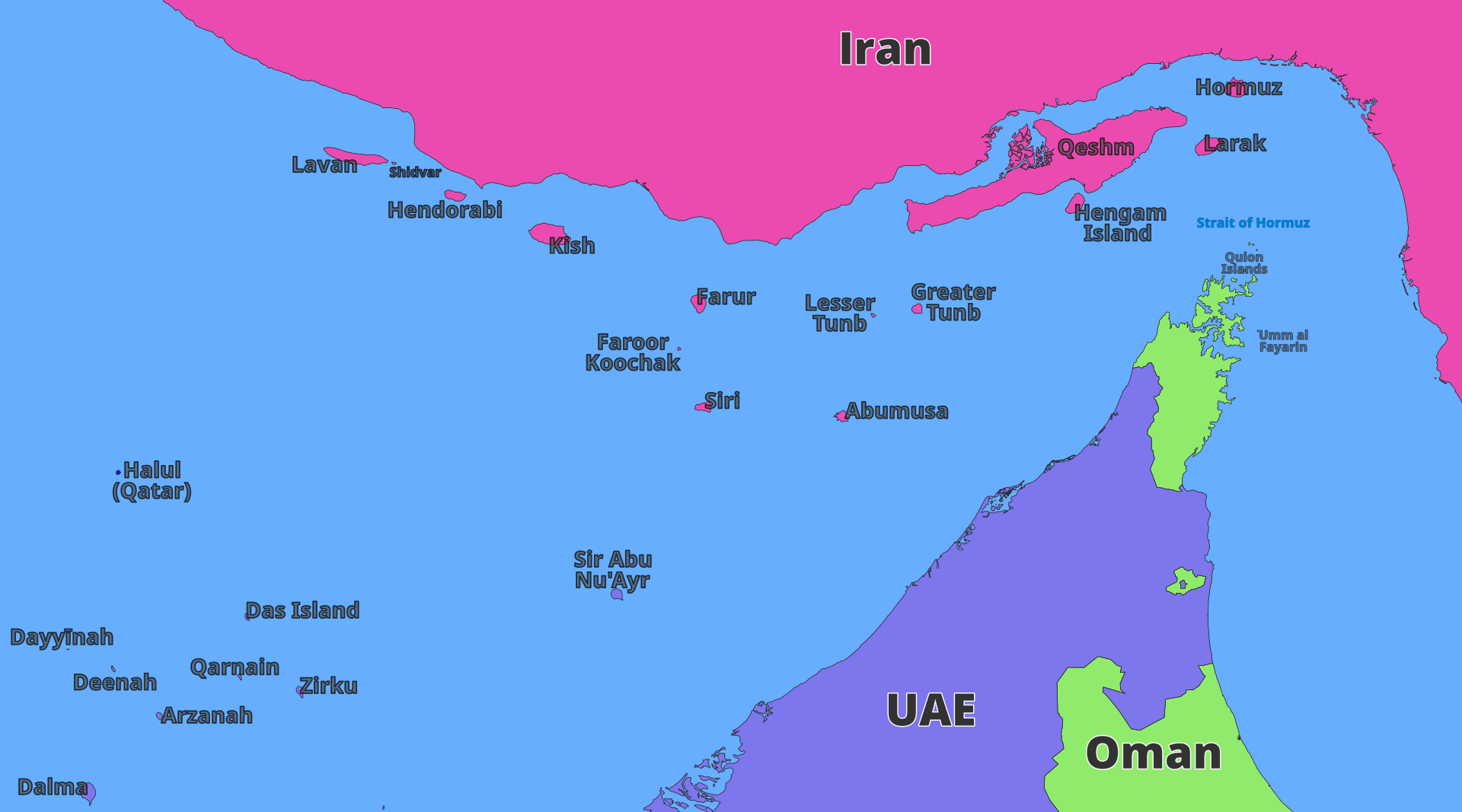 Map of the Strait of Hormuz showing Iran, UAE and Oman with Qeshm Island, Larak Island and the narrow strait passage labeled