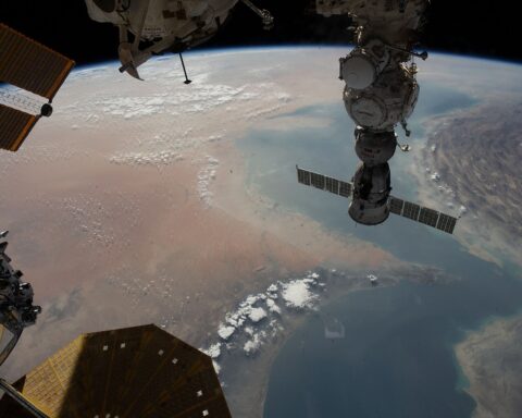Strait of Hormuz photographed from the International Space Station, August 2023 — the 21-mile-wide passage through which the IRGC Navy has been collecting Hormuz transit tolls since March 2026