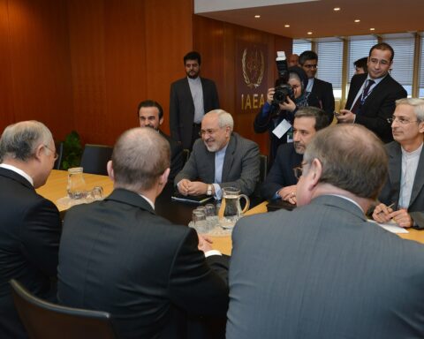 Iranian Foreign Minister Mohammad Javad Zarif meets with IAEA Director General Yukiya Amano at IAEA headquarters Vienna during nuclear negotiations, 2014