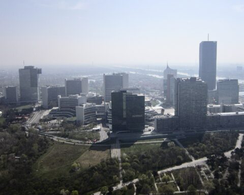 Vienna International Centre aerial view showing IAEA and United Nations Office at Vienna headquarters complex