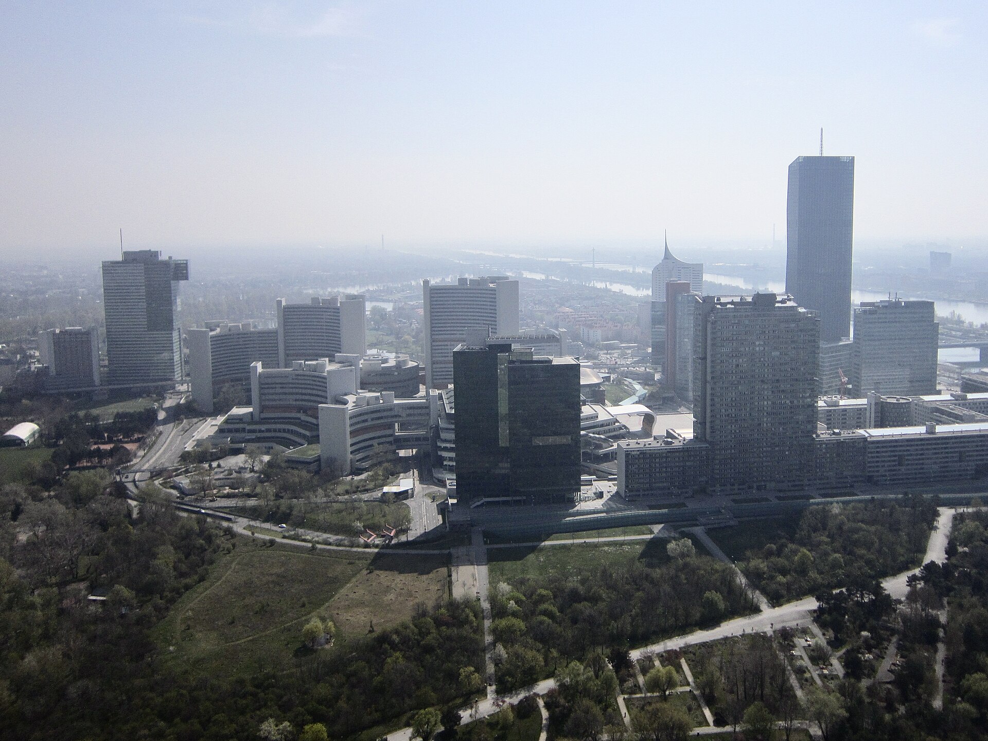 Vienna International Centre aerial view showing IAEA and United Nations Office at Vienna headquarters complex