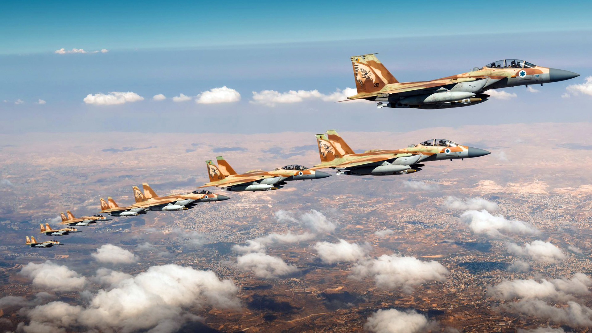 Israeli Air Force F-15I Ra'am fighters in formation flight en route to strike targets in Iran, June 2025