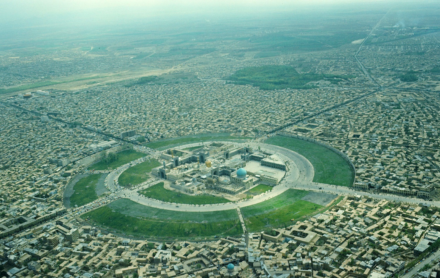 Aerial view of the Imam Reza shrine complex at the centre of Mashhad, Iran, 1976