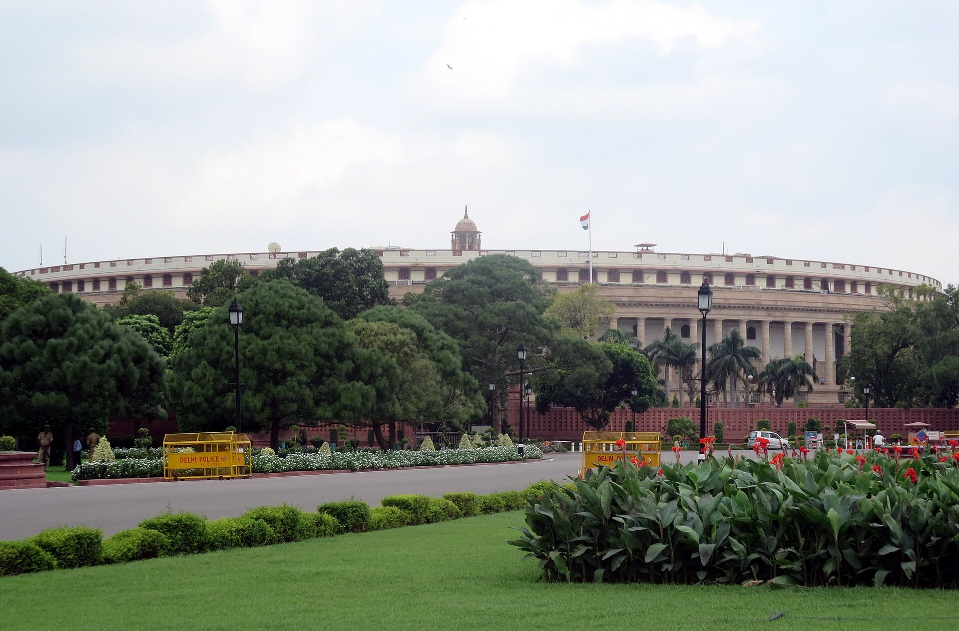 Sansad Bhavan, the Indian Parliament building in New Delhi — the seat of a government navigating competing pressures from Washington, Riyadh, and Tehran simultaneously