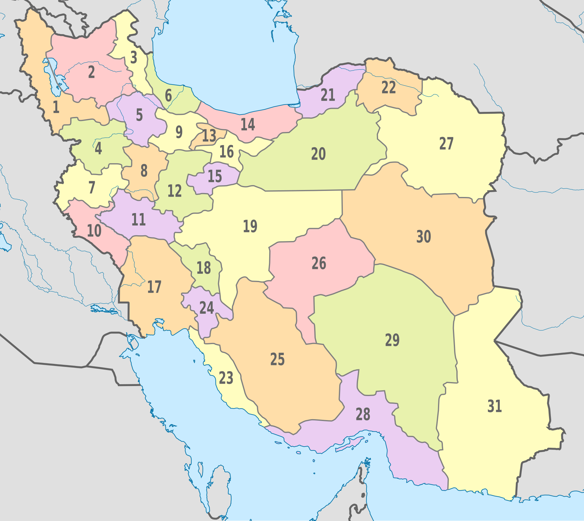 Map of Iran showing 31 administrative provinces numbered and color-coded, matching IRGC provincial corps geographic distribution