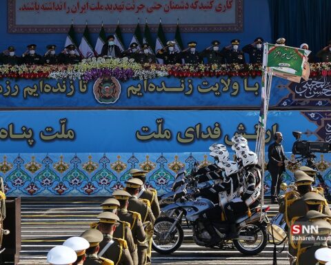 Iranian military parade Tehran 2022 IRGC Army Day soldiers reviewing stand