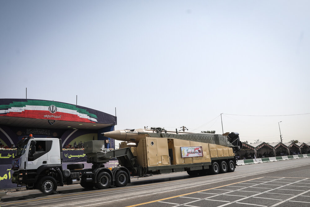 Iranian Emad medium-range ballistic missile on transporter-erector-launcher at 2019 Sacred Defence Week parade