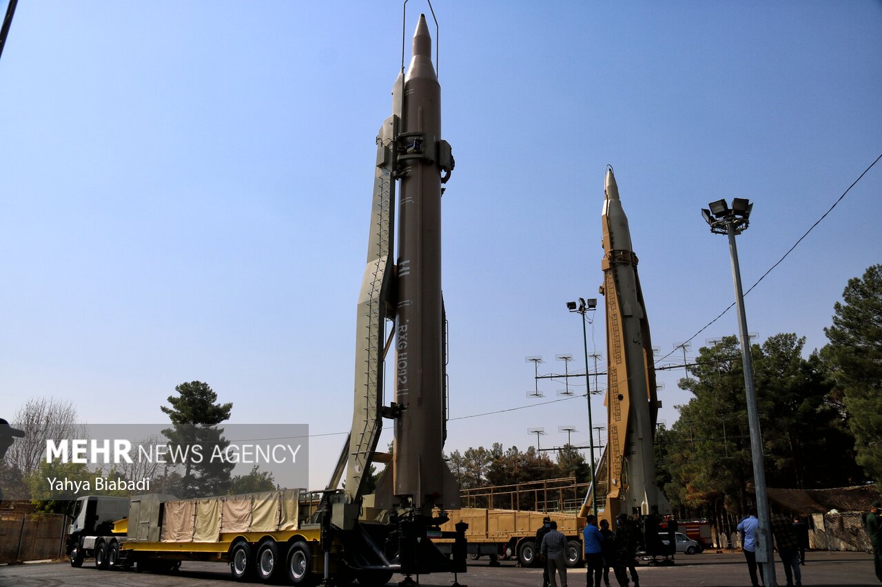 Iranian IRGC ballistic missiles on mobile erector launchers displayed at 2023 Kermanshah aerospace exhibition — Iran issued ceasefire halt order April 7 2026 while declaring war not over
