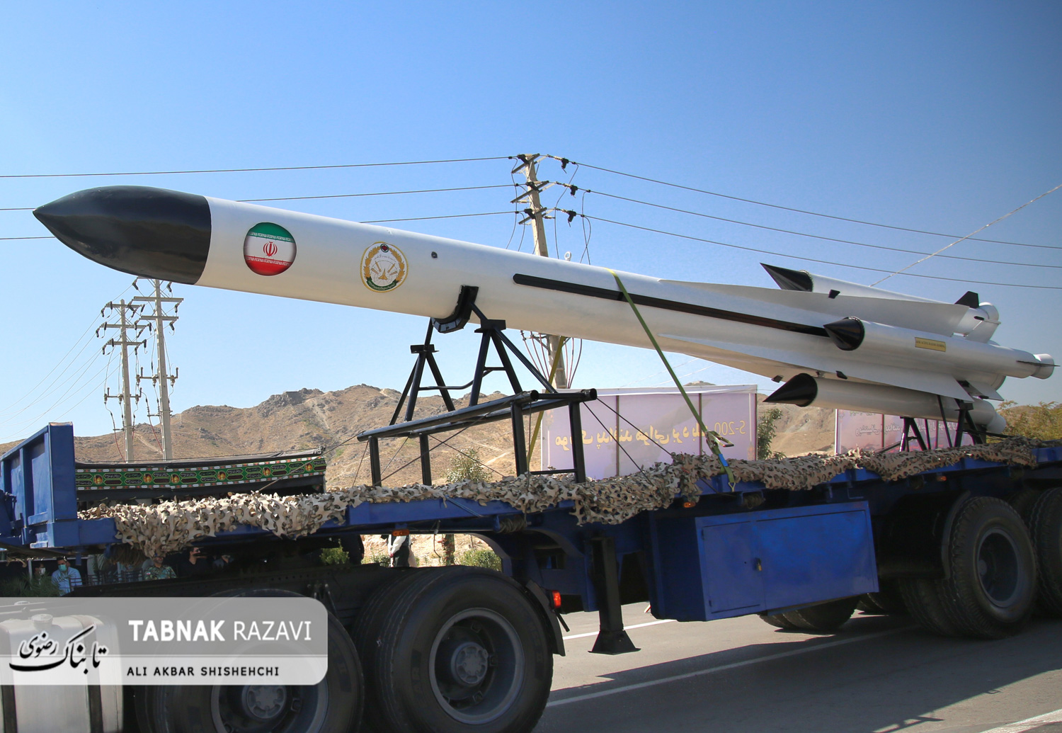 Iranian ballistic missile on launcher displayed at Sacred Defence Week military parade, Mashhad, 2022