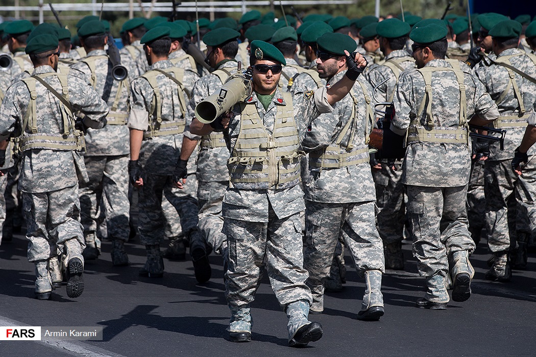 IRGC soldiers marching Iran Sacred Defence Week parade 2018