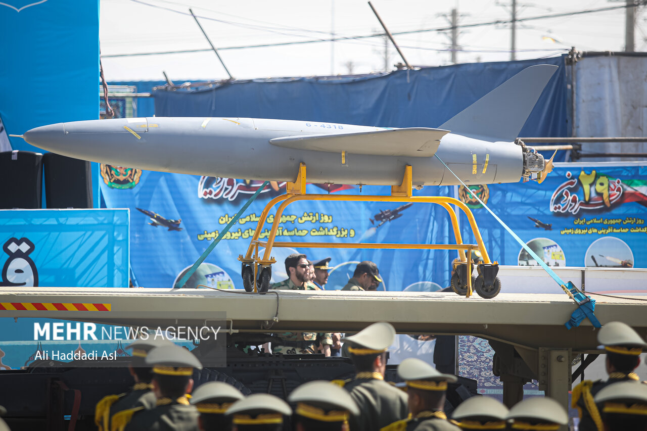 An Iranian military drone displayed on a flatbed truck at the 2023 Islamic Republic of Iran Army Day parade in Tehran. Iran's state media has maintained silence on the Ukraine-Gulf Drone Agreement, declining to acknowledge that its signature Shahed drone now has a documented exportable counter.