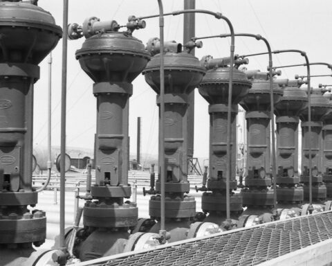 Wellhead valve assemblies at an Iranian oil processing facility, 1958
