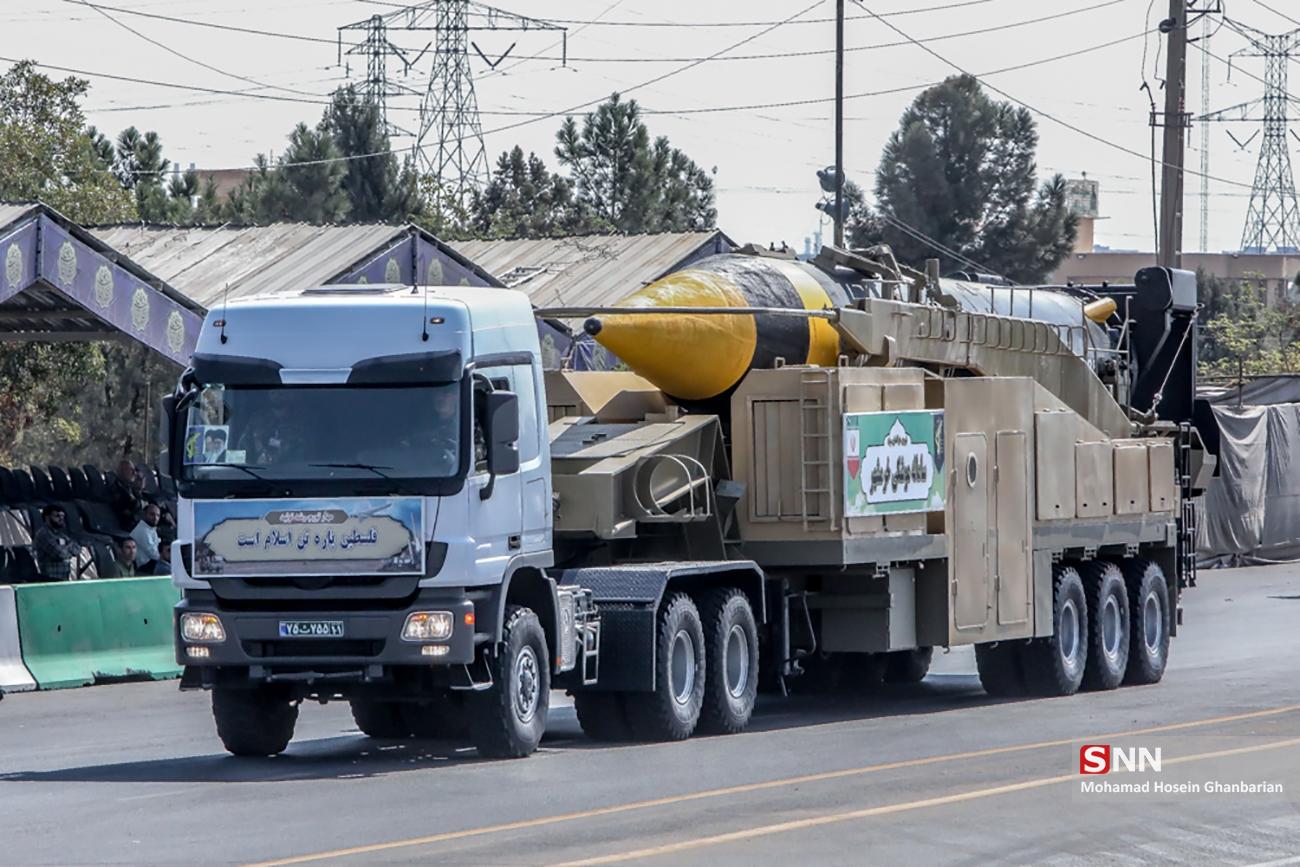 Iranian ballistic missile on transporter-erector-launcher at Sacred Defence Week parade in Tehran, September 2023