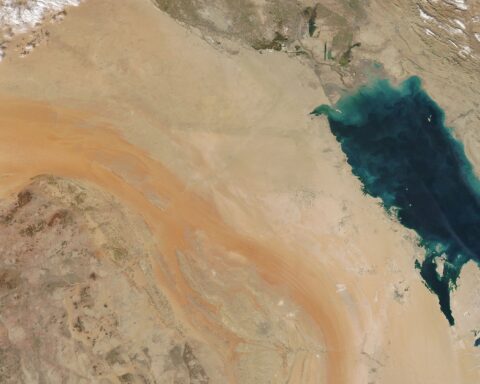 NASA MODIS satellite image of the Saudi Arabia, Iraq, and Kuwait region showing the Persian Gulf, December 2017