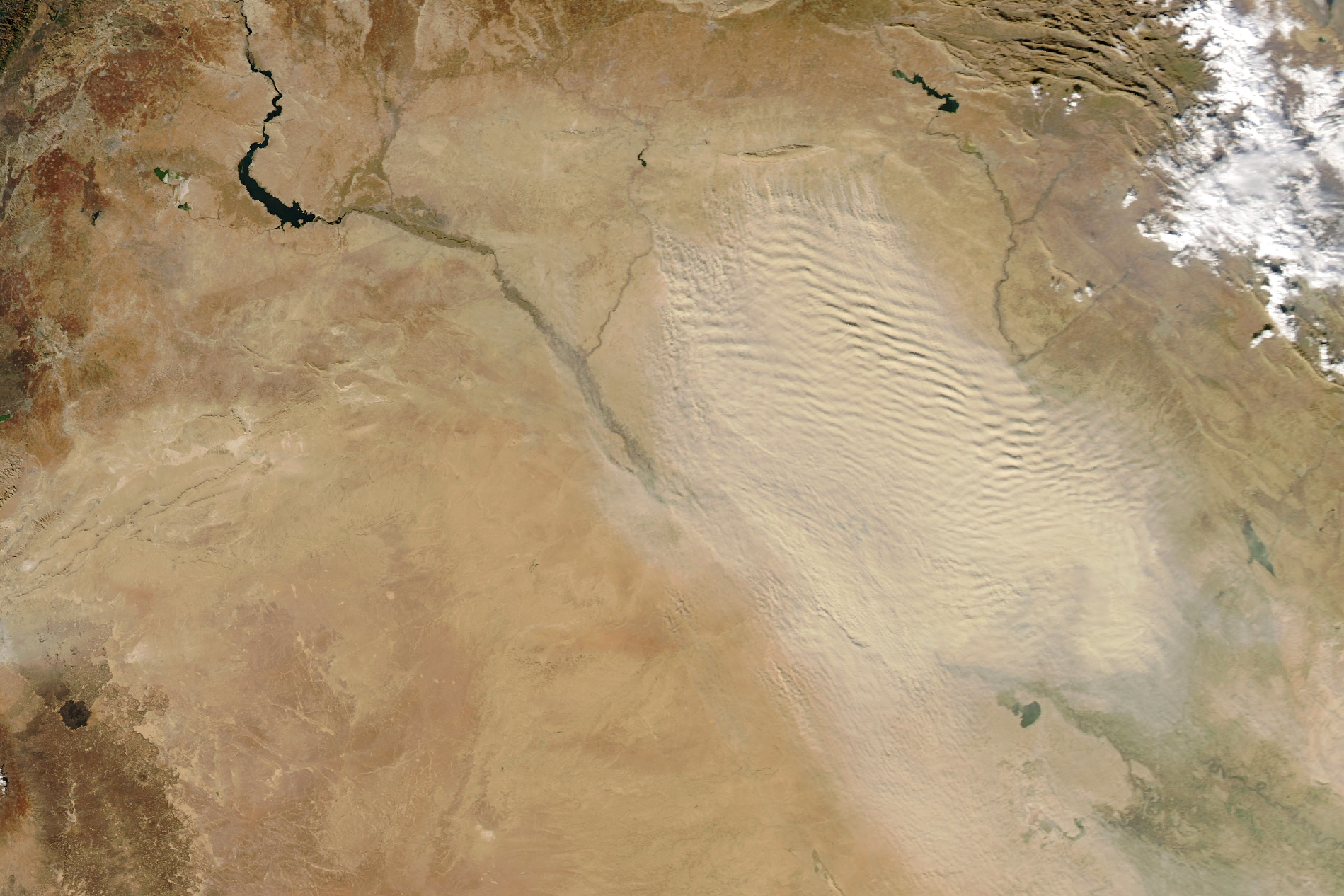 NASA MODIS satellite image of western Iraq and the Euphrates basin, December 2024, showing the vast desert terrain of Anbar province — the launch node for Iranian proxy drone attacks against Saudi Arabia