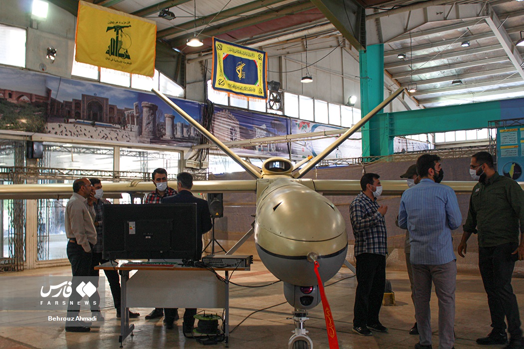 IRGC Aerospace Force drone on display at 2023 achievements exhibition in Kermanshah — the same force designated Wave 95 strikes on Kuwait on April 8, 2026