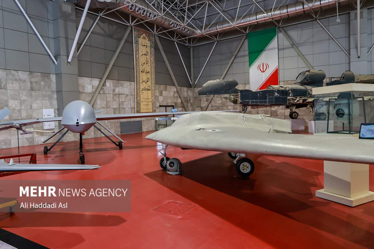IRGC Aerospace Force drones and captured US RQ-170 Sentinel on display at the IRGC Aerospace Missile Exhibition, Iran, October 2025
