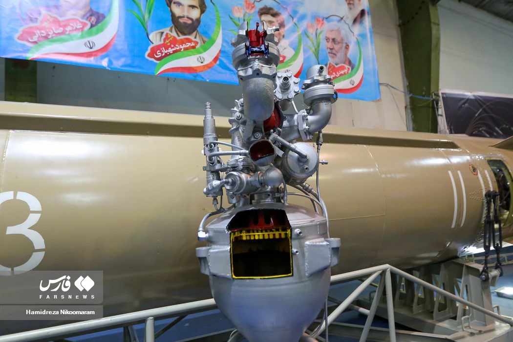 IRGC ballistic missile engine section on display at the 2023 Aerospace Force exhibition in Isfahan — the hardware that 31 autonomous provincial corps hold under pre-delegated launch authority independent of any ceasefire agreement