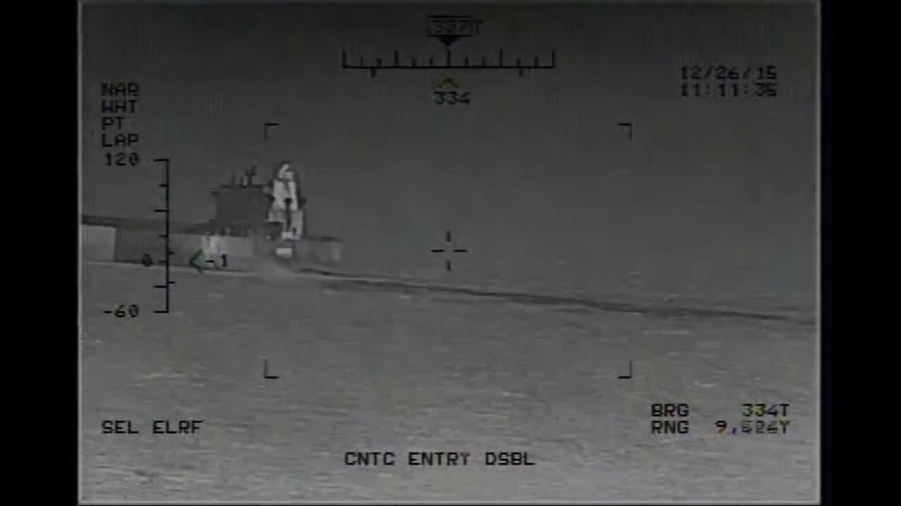 FLIR footage from a US Navy Sea Hawk helicopter showing an IRGC fast inshore attack craft firing rockets near USS Harry S. Truman in the Strait of Hormuz, December 2015