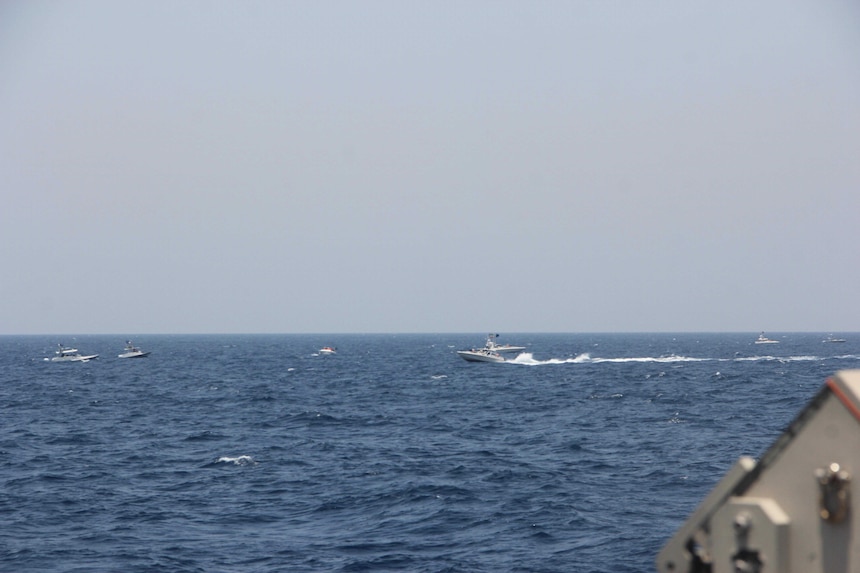 Iranian IRGC Navy fast in-shore attack craft (FIAC) speedboats conduct an unsafe and unprofessional interaction with US Navy vessels in the Strait of Hormuz, May 2021