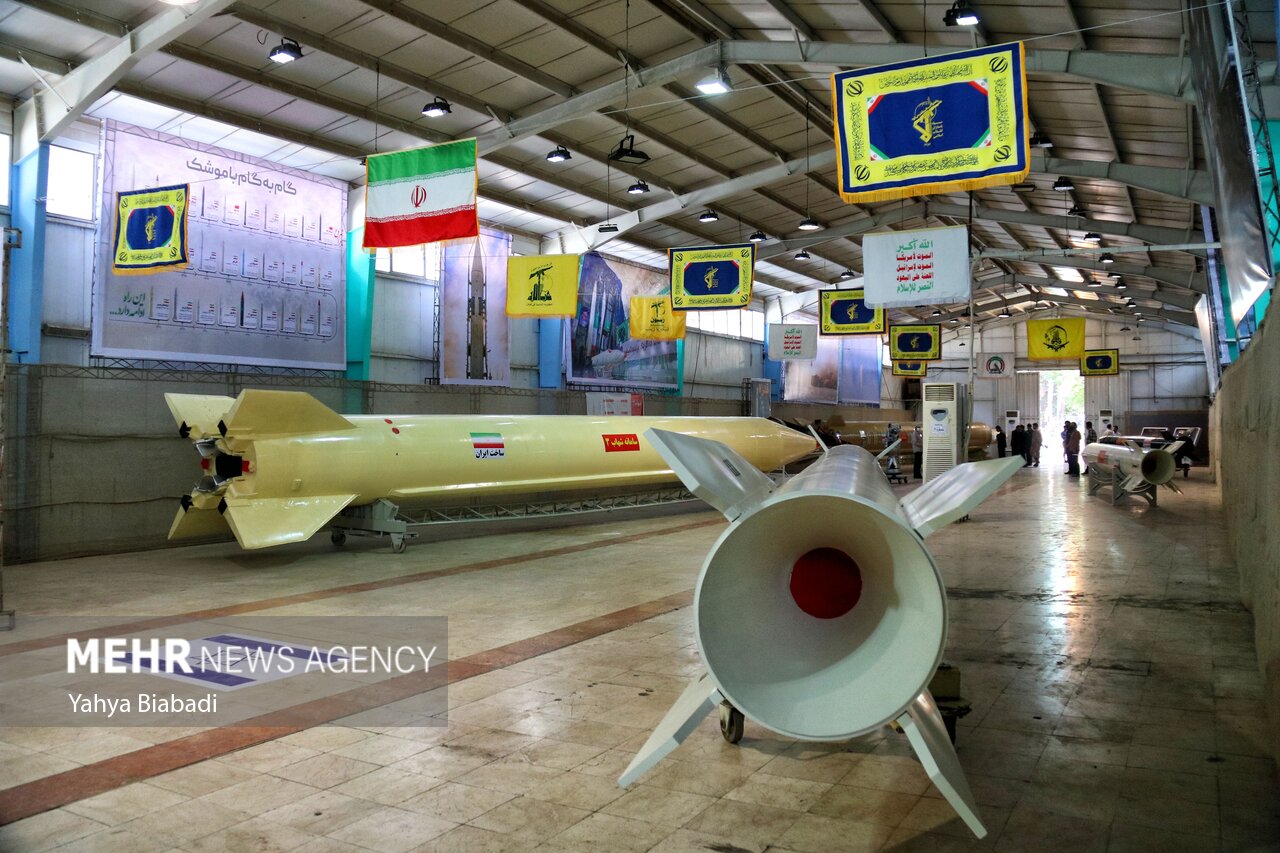 IRGC Aerospace Force missile exhibition in Kermanshah, Iran, 2023 — including Fateh-class ballistic missiles displayed alongside other precision-guided munitions