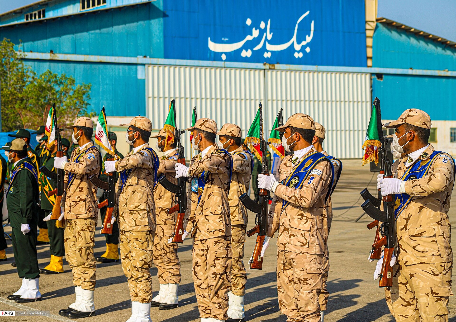 IRGC soldiers in formation at commissioning ceremony for 112 Iranian Revolutionary Guard naval vessels
