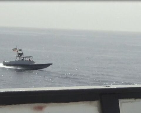 IRGC Navy speedboat intercepts a US patrol vessel in the Strait of Hormuz — the IRGC declared on April 9 that Hormuz management has entered a new phase, with every commercial transit now requiring advance authorisation, toll payment, and IRGC boarding inspection