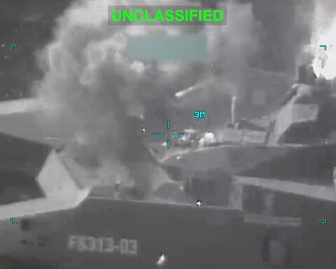 CENTCOM targeting footage shows IRGC Navy catamaran corvette IRIS Shahid Sayyad Shirazi under strike, marked UNCLASSIFIED, 2026