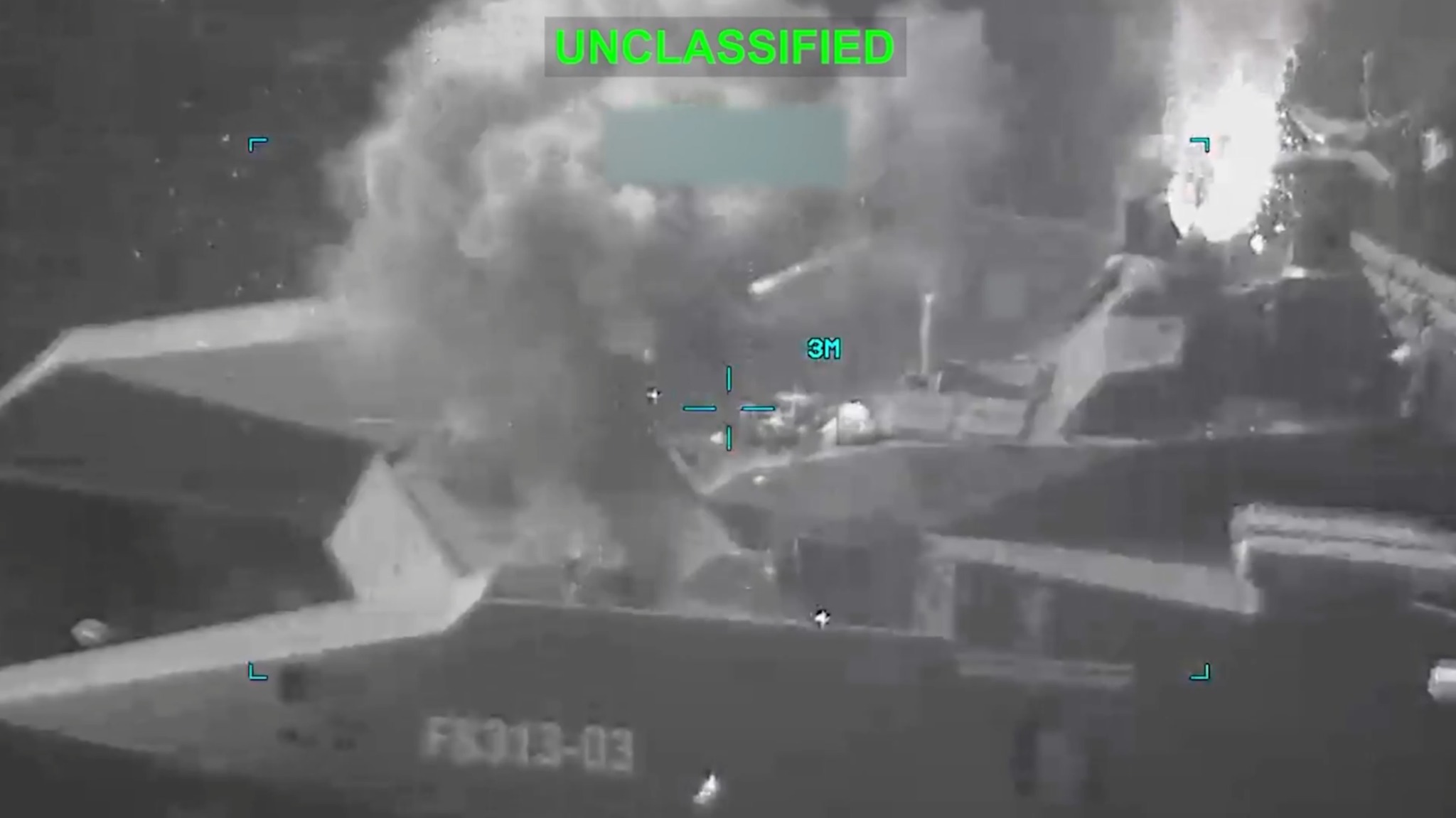 CENTCOM targeting footage shows IRGC Navy catamaran corvette IRIS Shahid Sayyad Shirazi under strike, marked UNCLASSIFIED, 2026