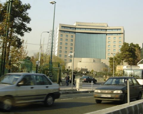 IRIB headquarters building in Tehran — the Islamic Republic of Iran Broadcasting complex whose April 11 broadcast pre-emptively closed the Islamabad negotiating space before any session began