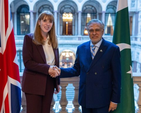 Pakistani Deputy Prime Minister and Foreign Minister Ishaq Dar meets UK Deputy Prime Minister Angela Rayner at the Foreign and Commonwealth Office in Westminster — Dar led the failed quadrilateral mediation framework involving Saudi Arabia, Turkey and Egypt. Photo: UK Government / CC BY 2.0