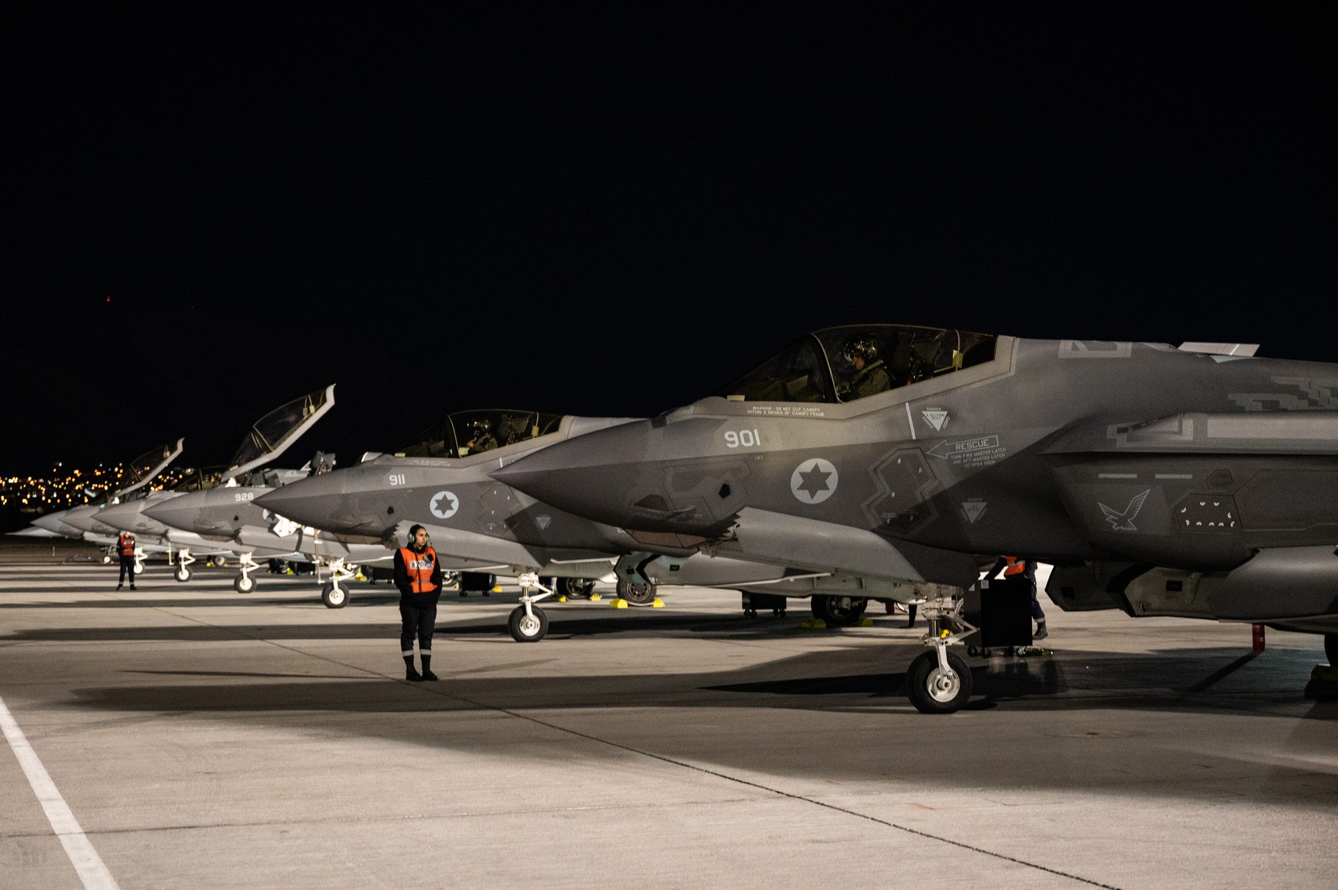 Israeli Air Force F-35I Adir stealth fighter jets lined up on a flight line at night, showing the aircraft type used in the 50-jet IDF Lebanon strike package on April 8 that triggered Iran Hormuz re-closure