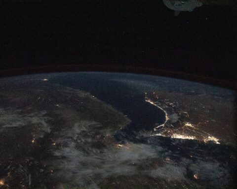 Persian Gulf and Gulf of Oman at night from the International Space Station, 261 miles above Iran, showing the Strait of Hormuz region