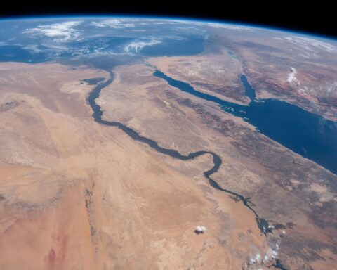 ISS-59 orbital photograph showing the Arabian Peninsula, Red Sea coast, Nile River and surrounding desert landscape from 254 miles above Earth