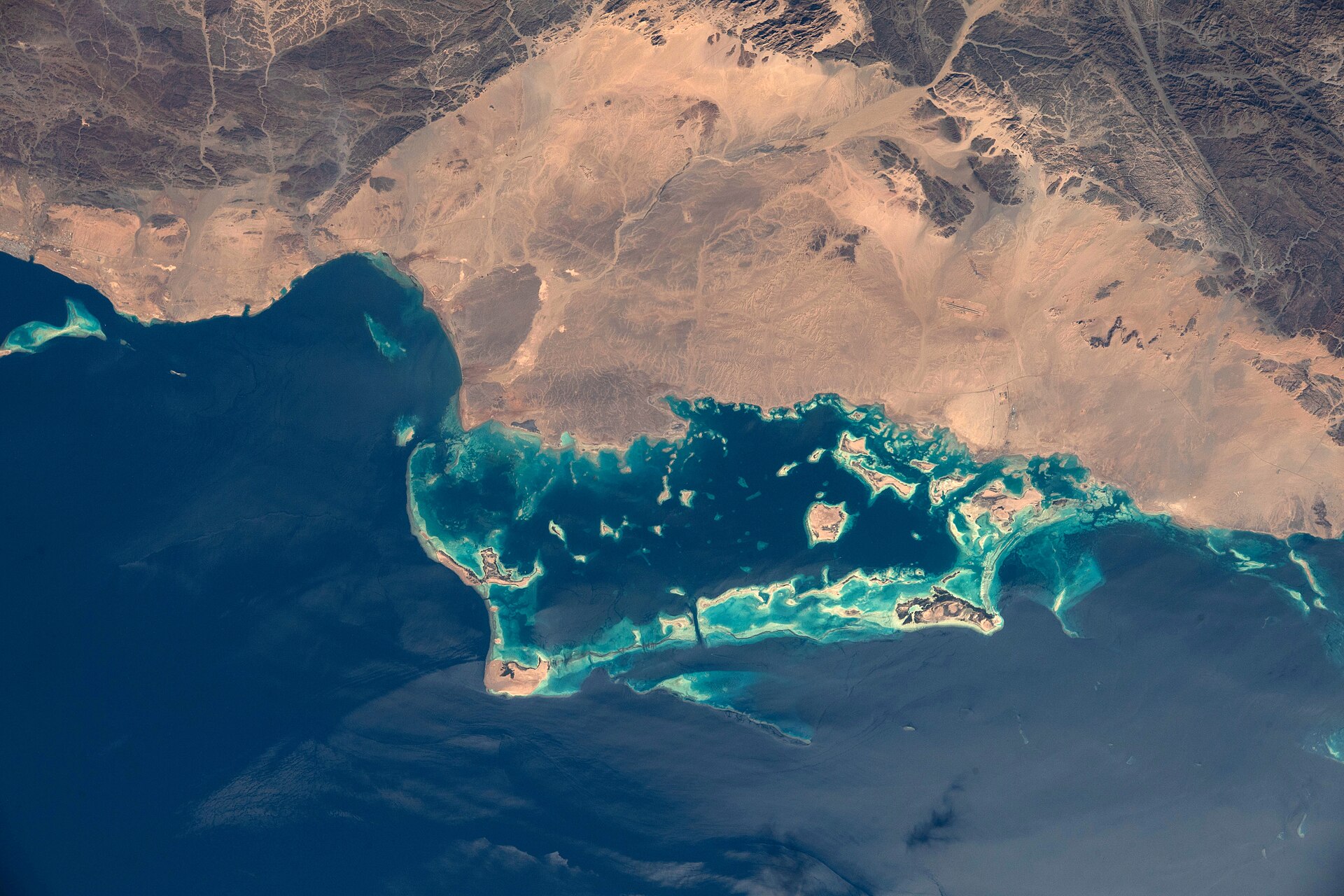 Northwestern coast of Saudi Arabia on the Red Sea photographed from the International Space Station, showing the Yanbu area coastline