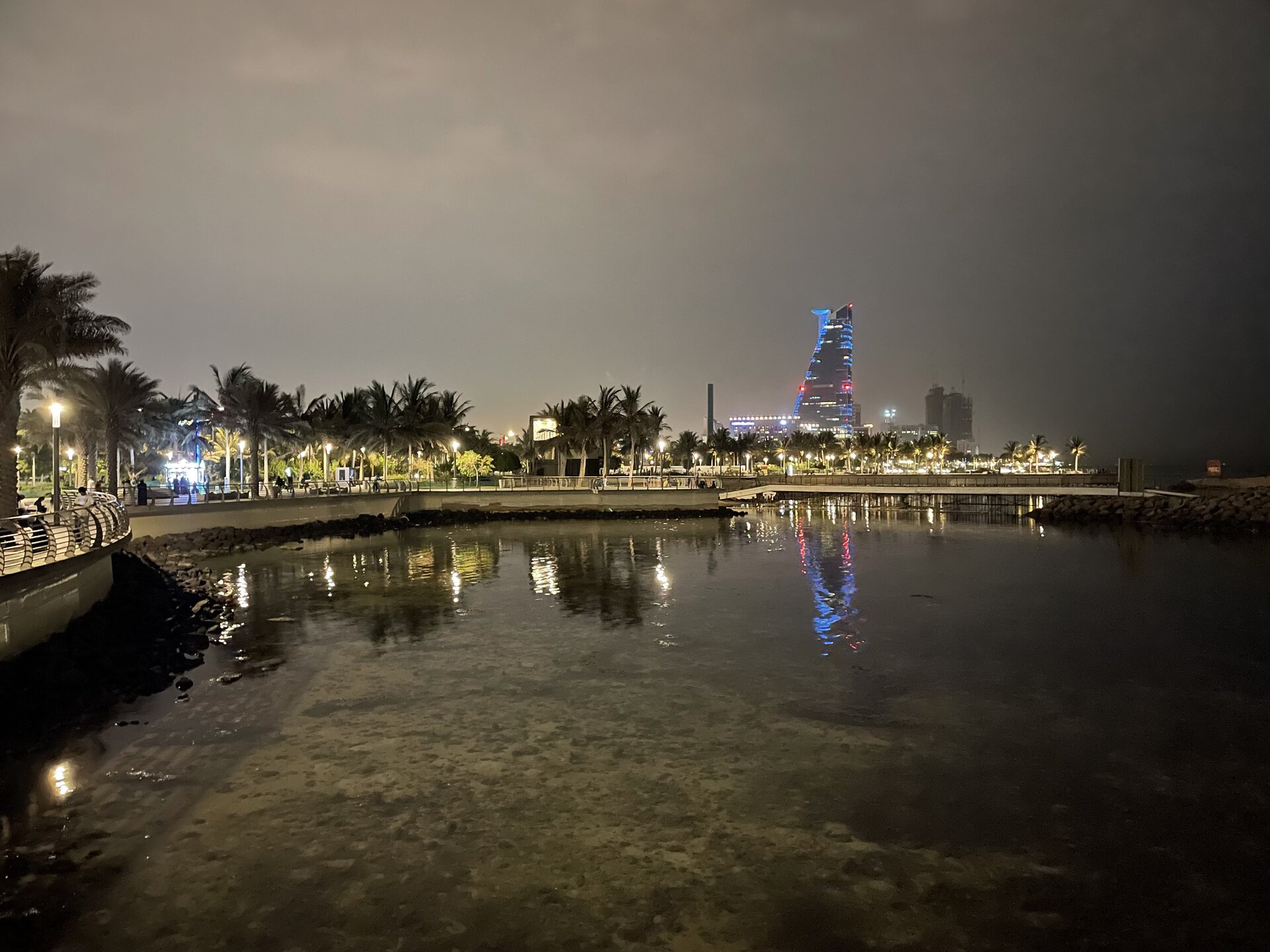 The Jeddah Corniche at night with palm trees reflected in the water and the illuminated city skyline in the background