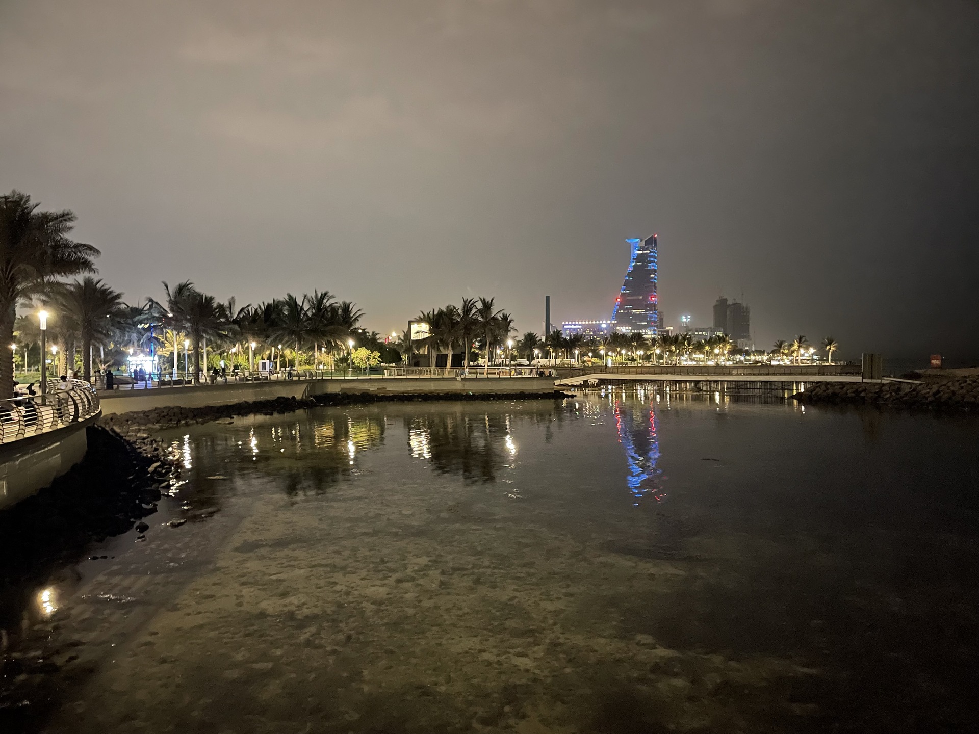 Jeddah Corniche waterfront illuminated at night, near the Formula E circuit location