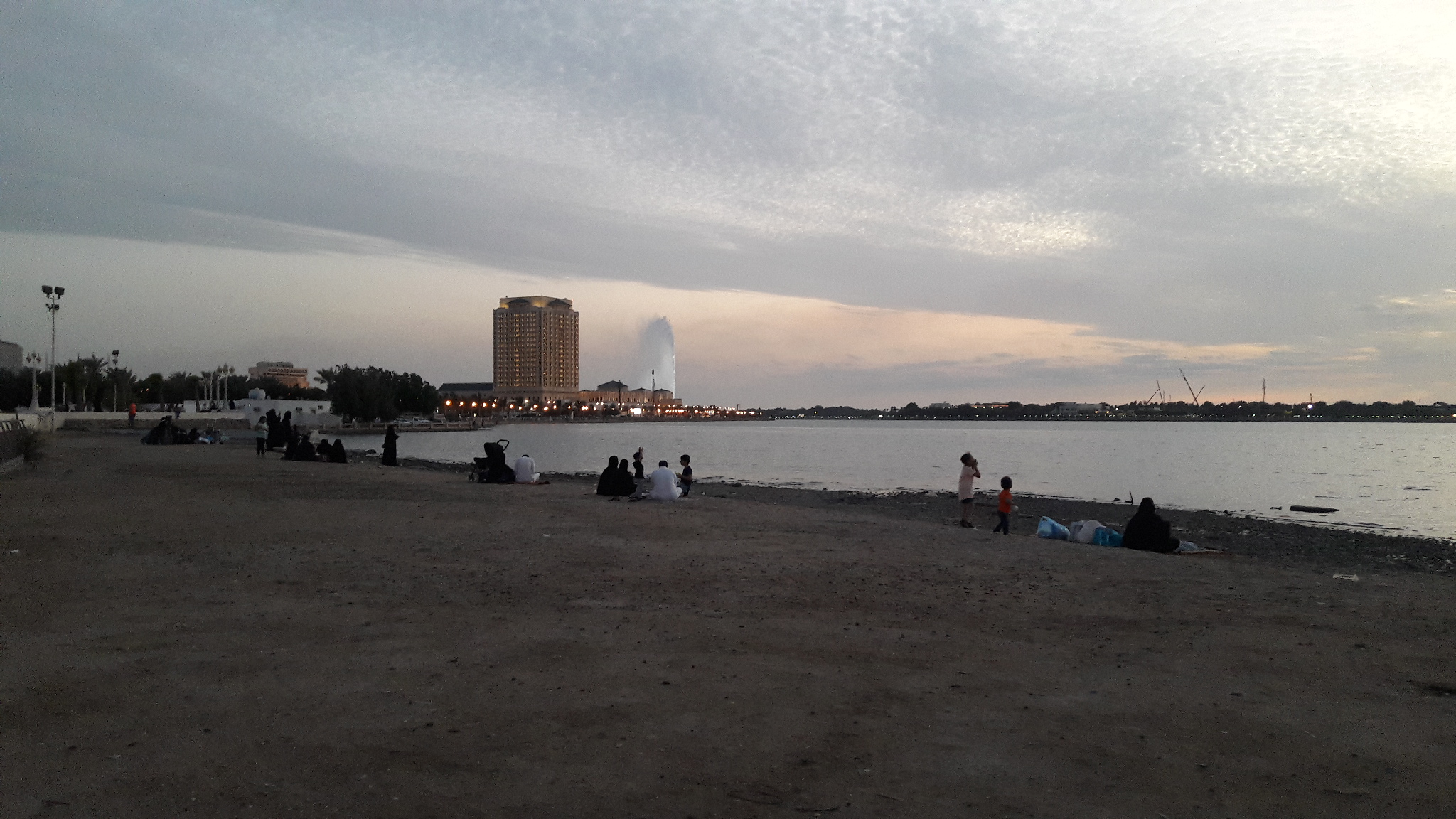 Jeddah Corniche waterfront at sunset with King Fahd Fountain visible in the background