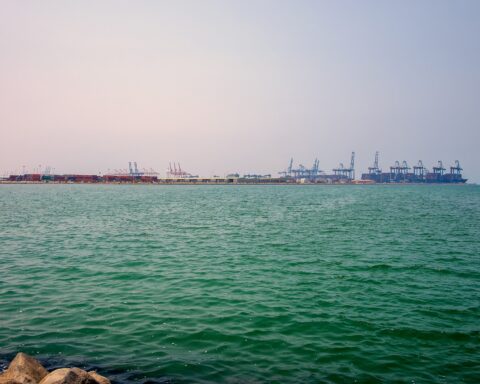 Jeddah Islamic Port container terminal and cranes viewed from the Red Sea