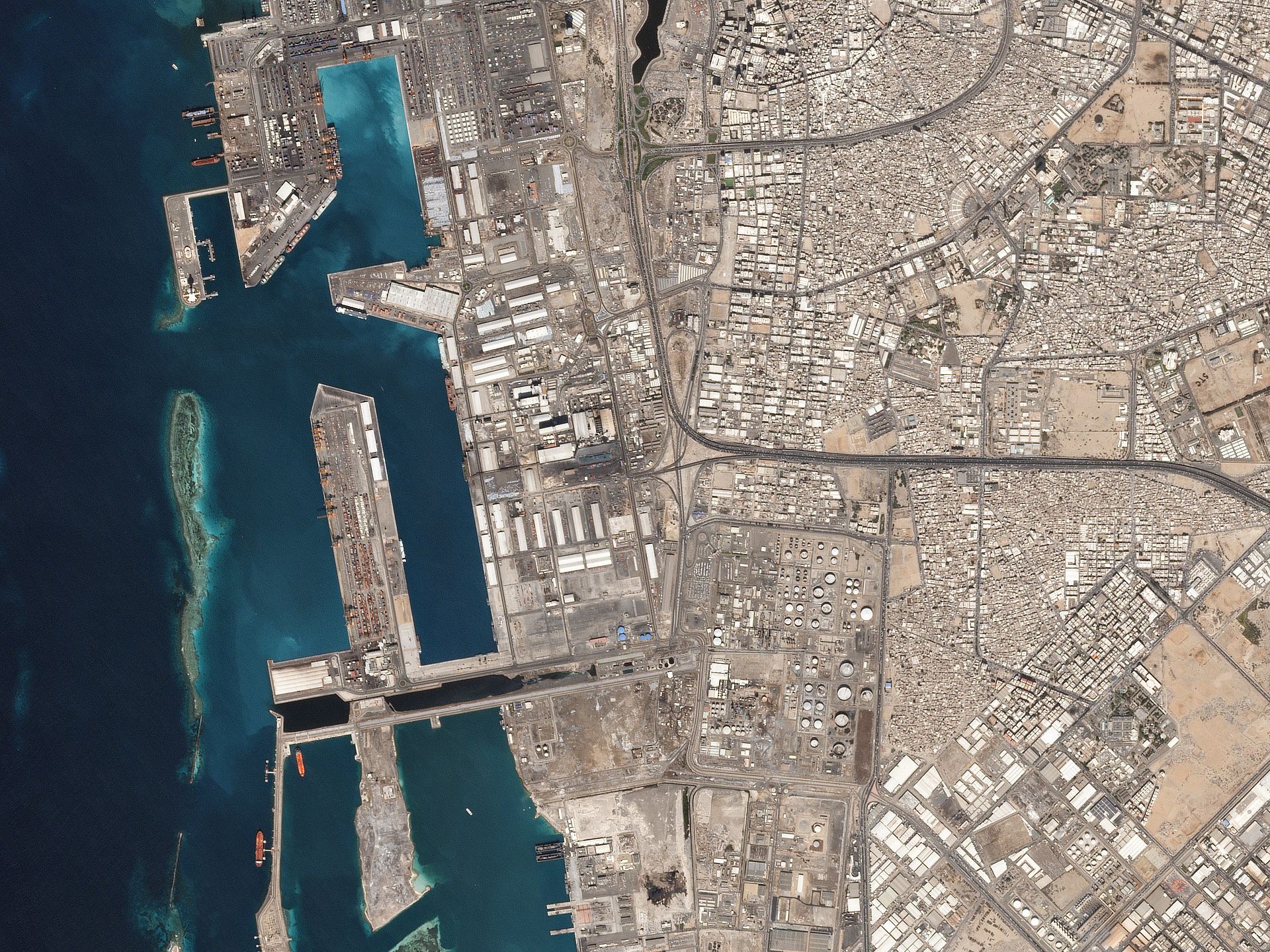 Satellite view of Jeddah, Saudi Arabia, showing the Islamic Port and Red Sea coastline — the host city of the GCC Decisiveness Summit