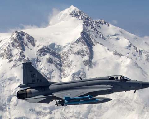 Pakistan Air Force JF-17 Thunder Block fighter jet in flight over Nanga Parbat