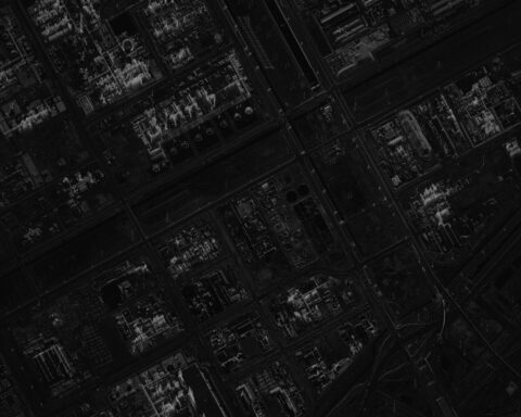 UMBRA SAR radar satellite image of Al Jubayl industrial city, Eastern Province, Saudi Arabia, February 18 2026 — three weeks before Iranian strikes began targeting the complex