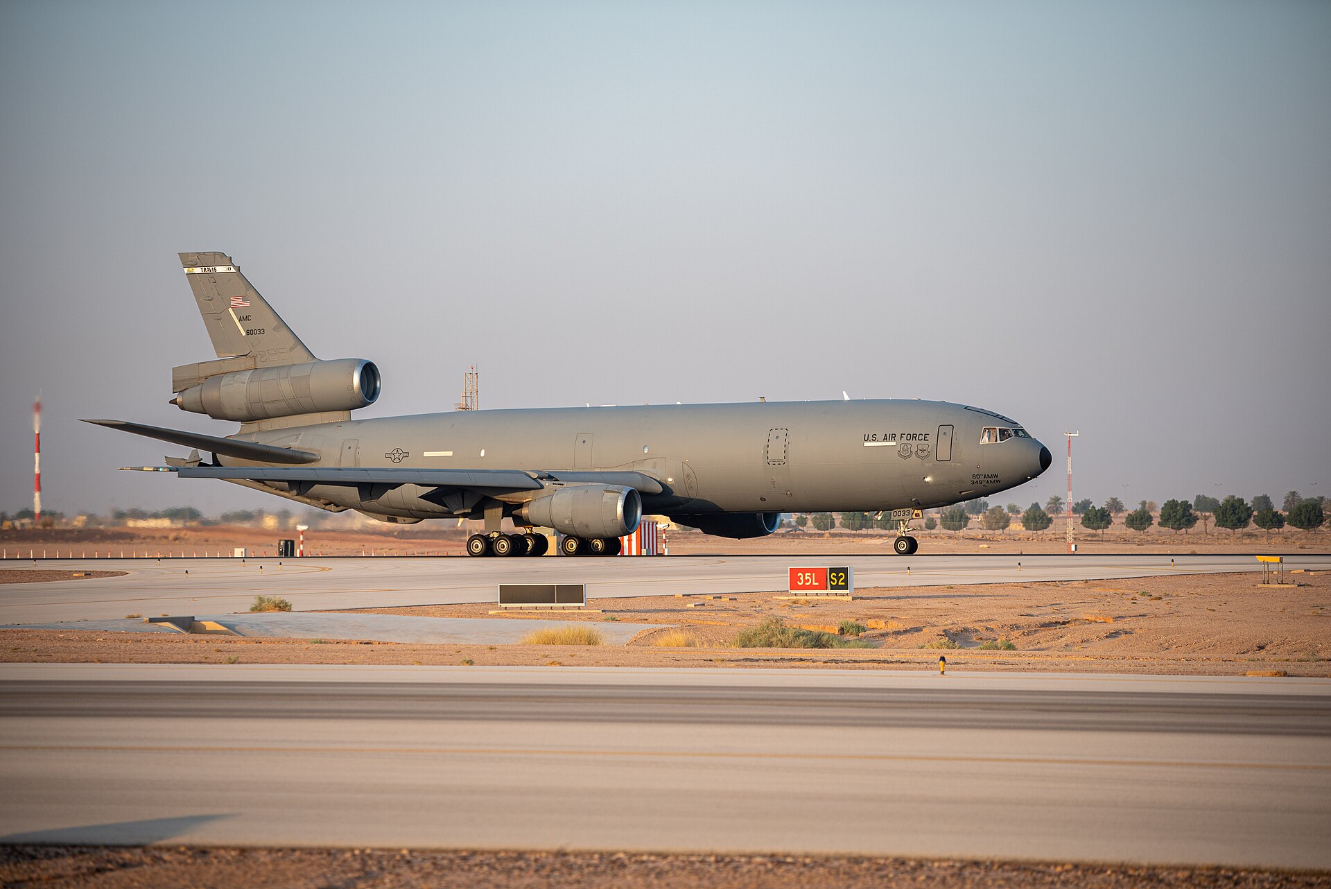 A US Air Force KC-10 Extender tanker taxis at Prince Sultan Air Base in the Saudi desert. PSAB, near Al-Kharj, was the target of Iran's March 27 strike that wounded 29 US servicemen and destroyed at least one E-3 AWACS.