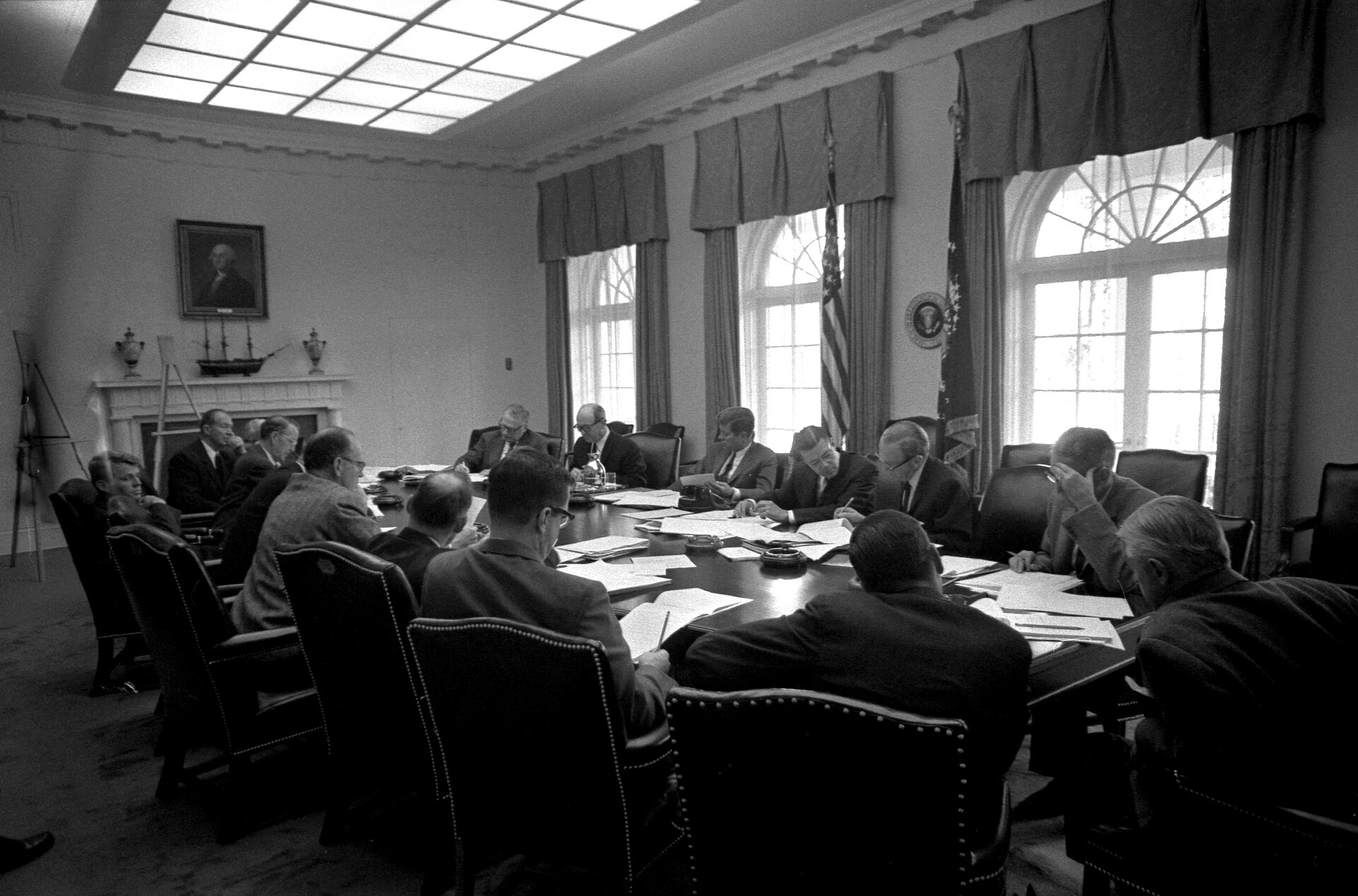 President Kennedy meets with ExComm advisors during the Cuban Missile Crisis, October 1962, White House Cabinet Room
